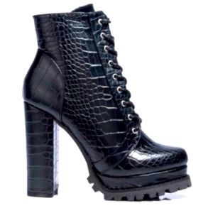 Black Croc Leather Fashion Combat Boots